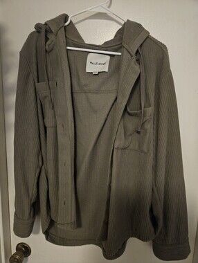 Wallflower Womens Olive Ribbed Corduroy Hooded Button Up Jacket